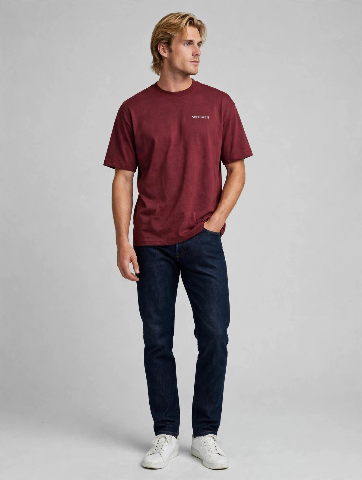 SPECIMEN Doers Club red tee on blond model